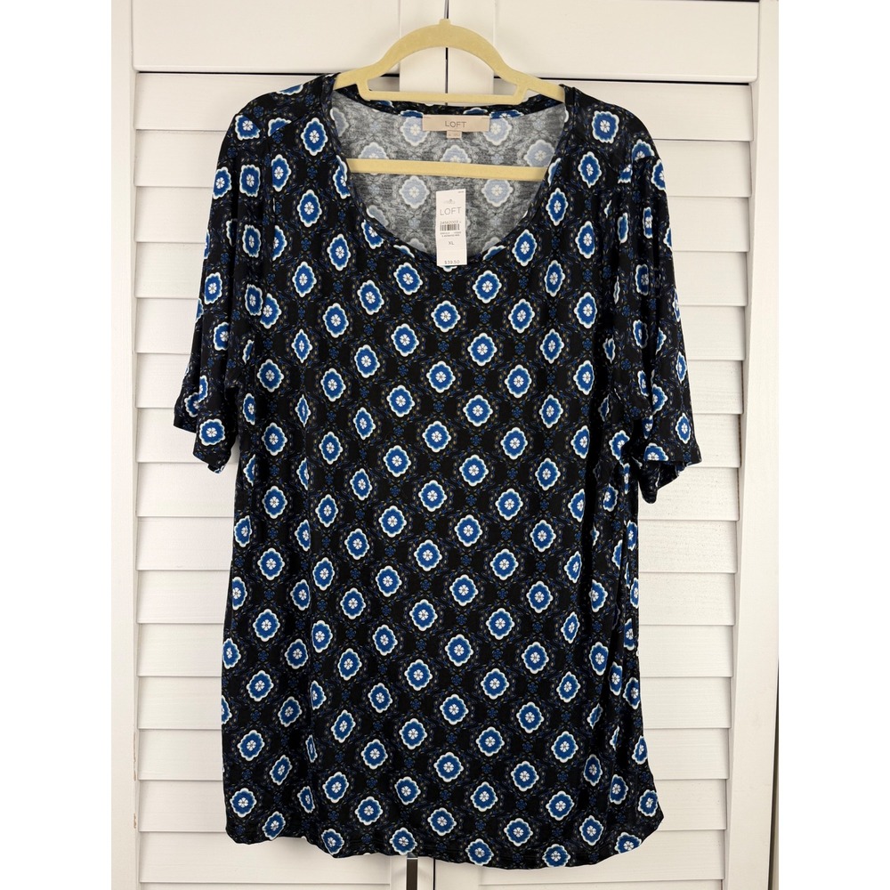 LOFT Tunic Top XL Black Blue Geometric Floral V-Neck Short Sleeve NEW